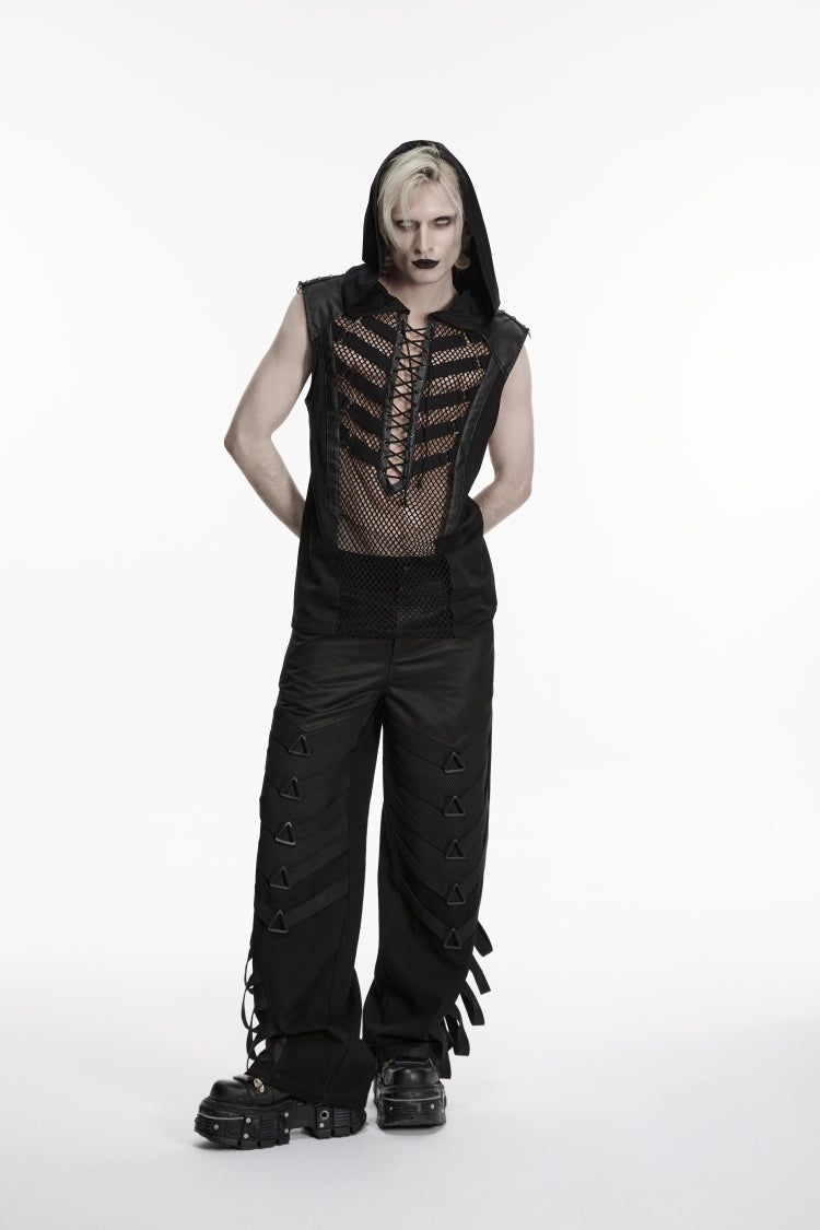 Black Multi-Layered Mesh Eyelet Men's Punk Cool Strappy Pants
