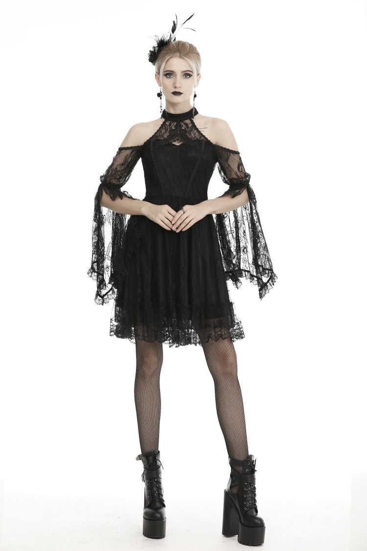 Black Off Shoulder Halterneck Long Sleeves Lace Women's Gothic Dress
