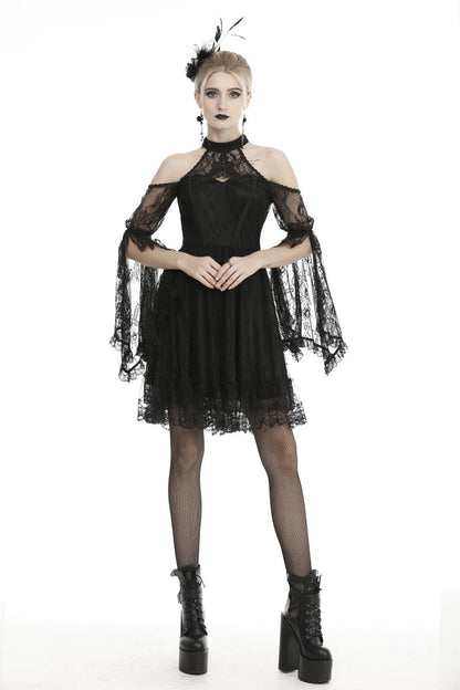 Black Off Shoulder Halterneck Long Sleeves Lace Women's Gothic Dress