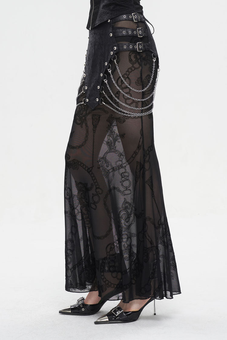 Black Mesh Splice Chain Fishtail Women's Gothic Skirt