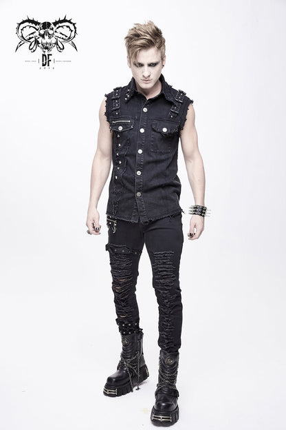 Black Faded Shoulder Bullet Clip Rivet Men's Punk Waistcoat