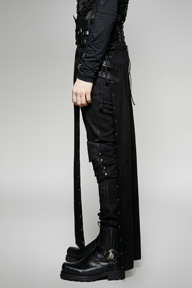 Black Metal Buckle PU Leather Buckle Lace-Up Men's Steampunk Skirt