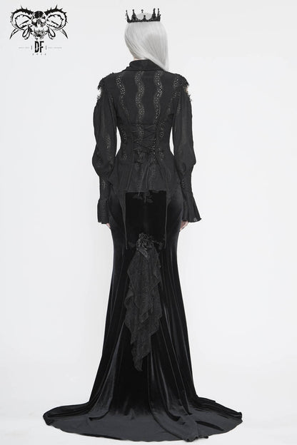 Black Front Chest Webbing Appliques Hollow-Out Lantern Sleeve Flare Cuff Back Waist Lace Up Women's Gothic Blouse