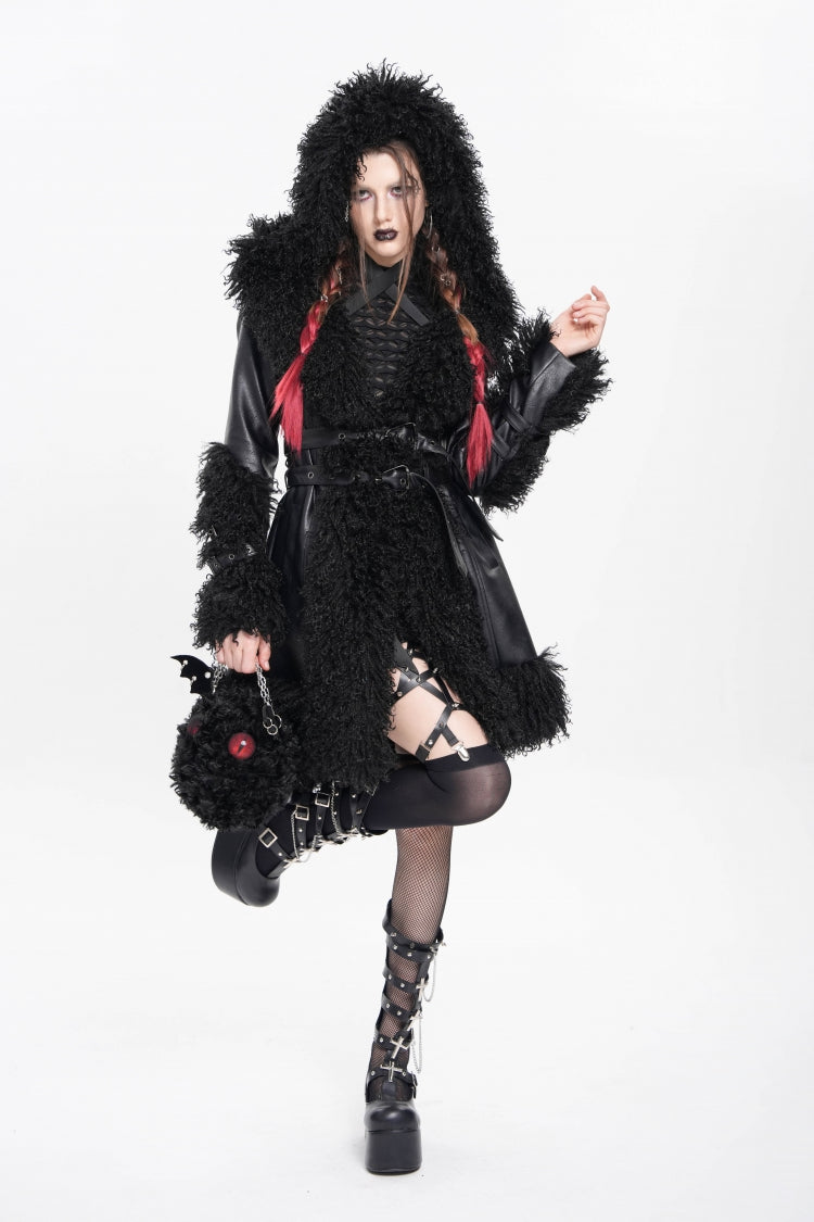 Black Long Sleeves Plush Stitching Buckle Hooded Straps Women's Punk Coat