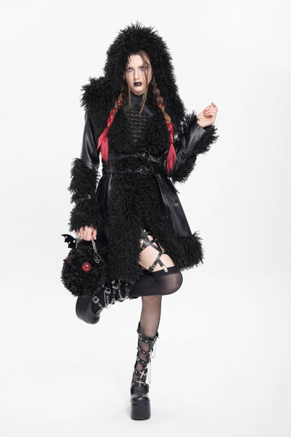 Black Long Sleeves Plush Stitching Buckle Hooded Straps Women's Punk Coat