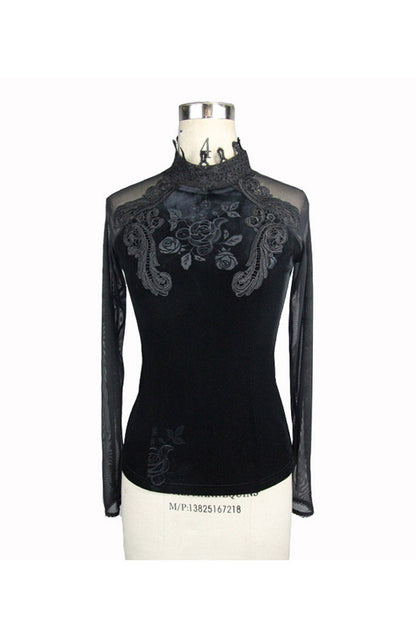 Black High Collar Front Chest Rose Decals Mesh Long Sleeve Rose Embossed Velvet Women's Gothic T-Shirt