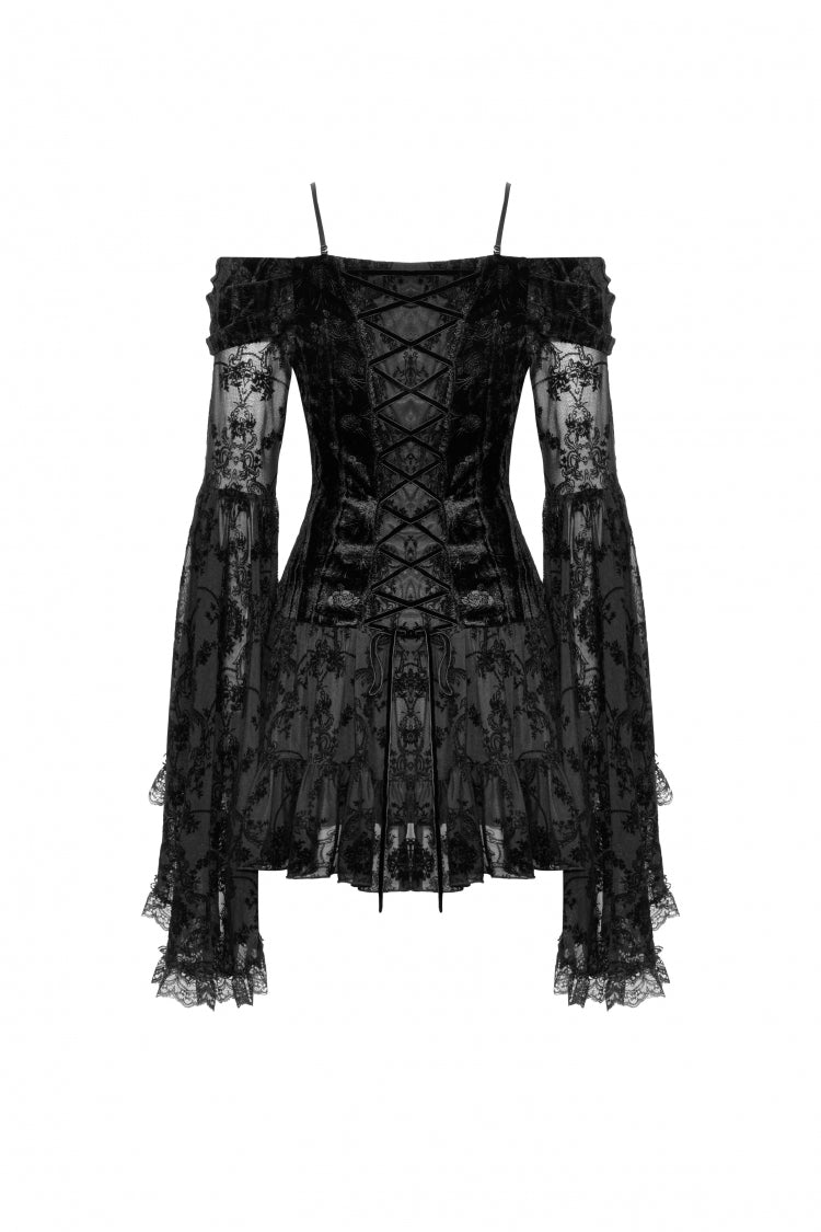 Black Off Shoulder Long Trumpet Sleeves Velvet Spliced Mesh Women's Gothic Graduation Dress