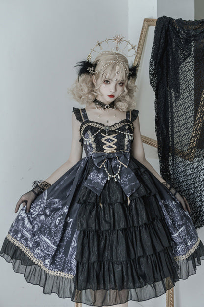 Black Dragon Rider Print Ruffle Cardigan Bowknot Lace Gothic Lolita Jsk Dress