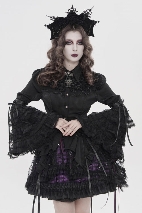 Black Lapel Collar Long Trumpet Sleeves Lace Lace-Up Women's Gothic Blouse