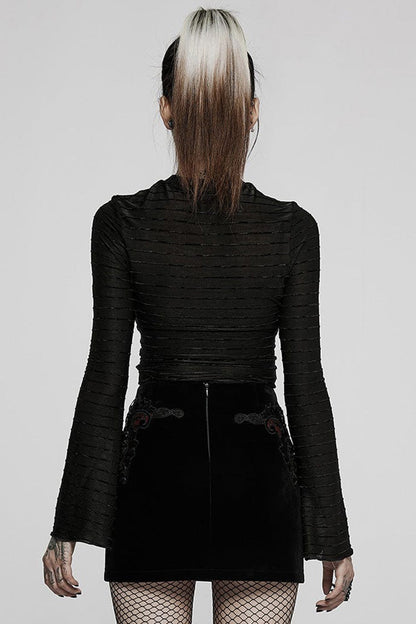 Black Gothic Velvet Striped Light Flared Sleeve Asymmetric Hem Sexy Long Sleeve Women's T-Shirt