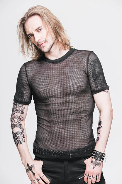 Black Diamond Shaped Mesh Round Neck Short Sleeves Punk Mens Tops T-Shirt