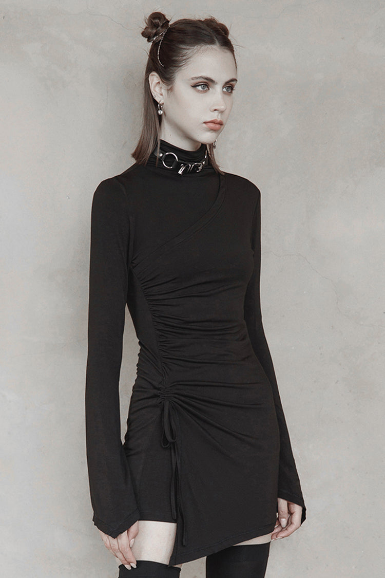 Black Cashmere Knitting Cross Fold Tie Rope Design High Collar Pleated Fit Women's Punk Dress