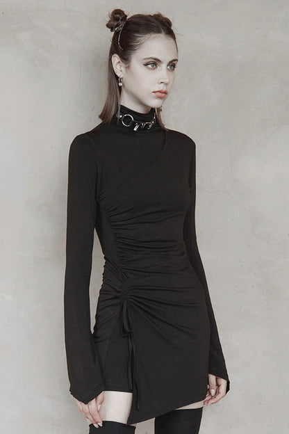 Black Cashmere Knitting Cross Fold Tie Rope Design High Collar Pleated Fit Women's Punk Dress