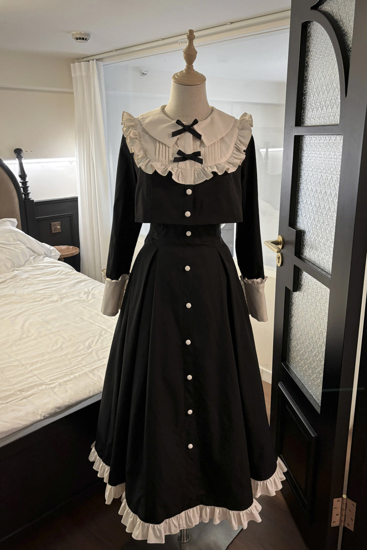 Black Long Sleeves Ruffle Bowknot Vintage Elegant Lolita Dress Two Pieces Set
