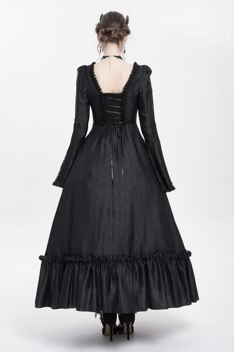 Black Long Sleeves Floral Embroidery Lace-Up Pleated Women's Gothic Dress
