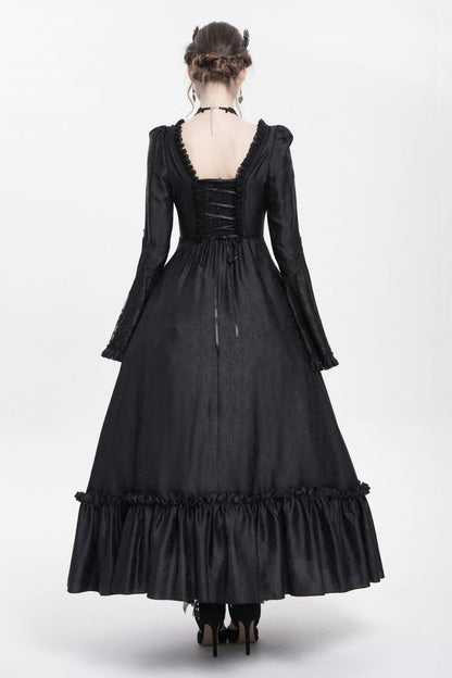 Black Long Sleeves Floral Embroidery Lace-Up Pleated Women's Gothic Dress