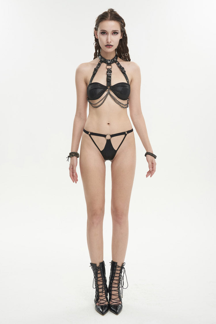 Black Detachable Hanging Neck Vertical Grain Texture Women's Punk Fun Suit
