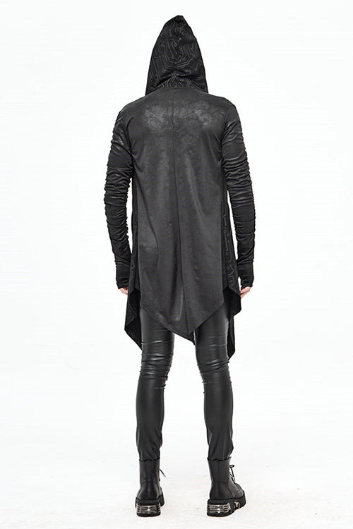 Black Hooded Wrinkled Sleeves Circuit Diagram Print Knit Long Mens Punk Coat