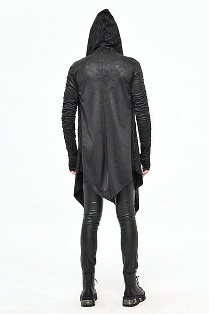 Black Hooded Wrinkled Sleeves Circuit Diagram Print Knit Long Mens Punk Coat