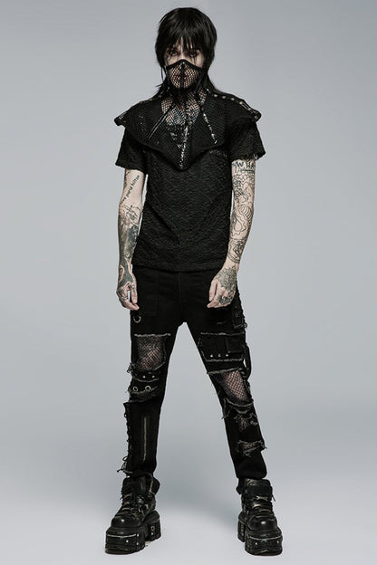 Black Hollow Lace-Up Ripped Men's Punk Pants