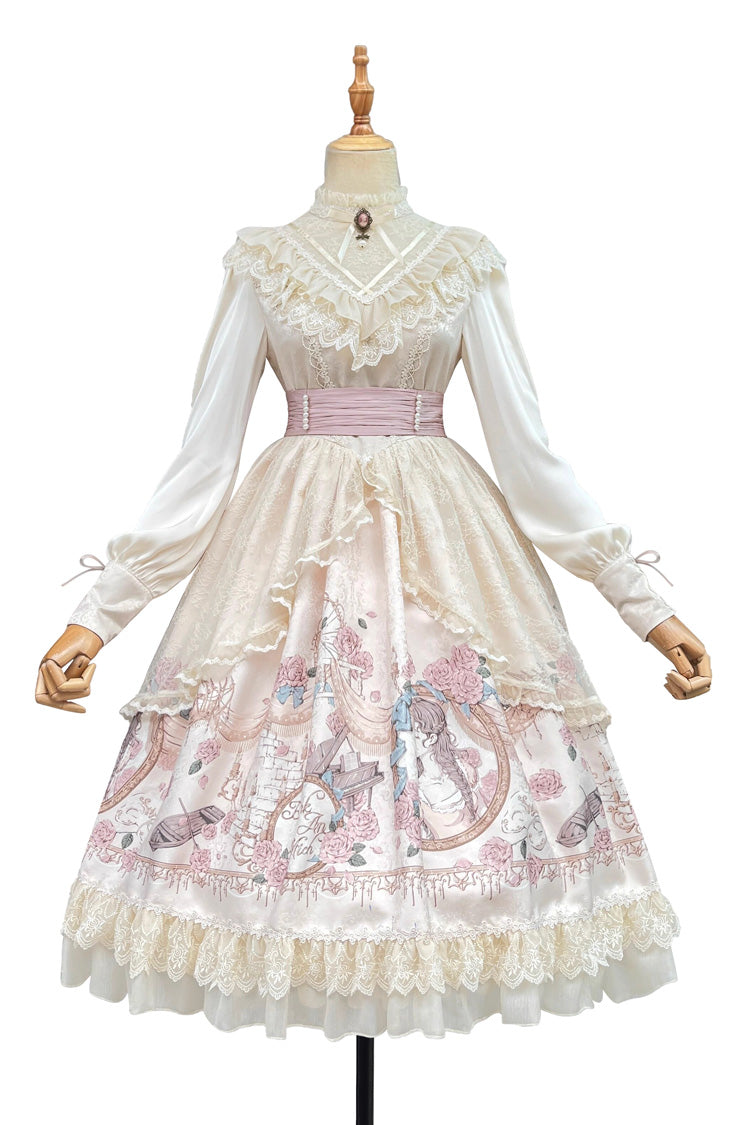 Apricot Rose Prologue Print Long Sleeves Ruffle Sweet Elegant Lolita Dress