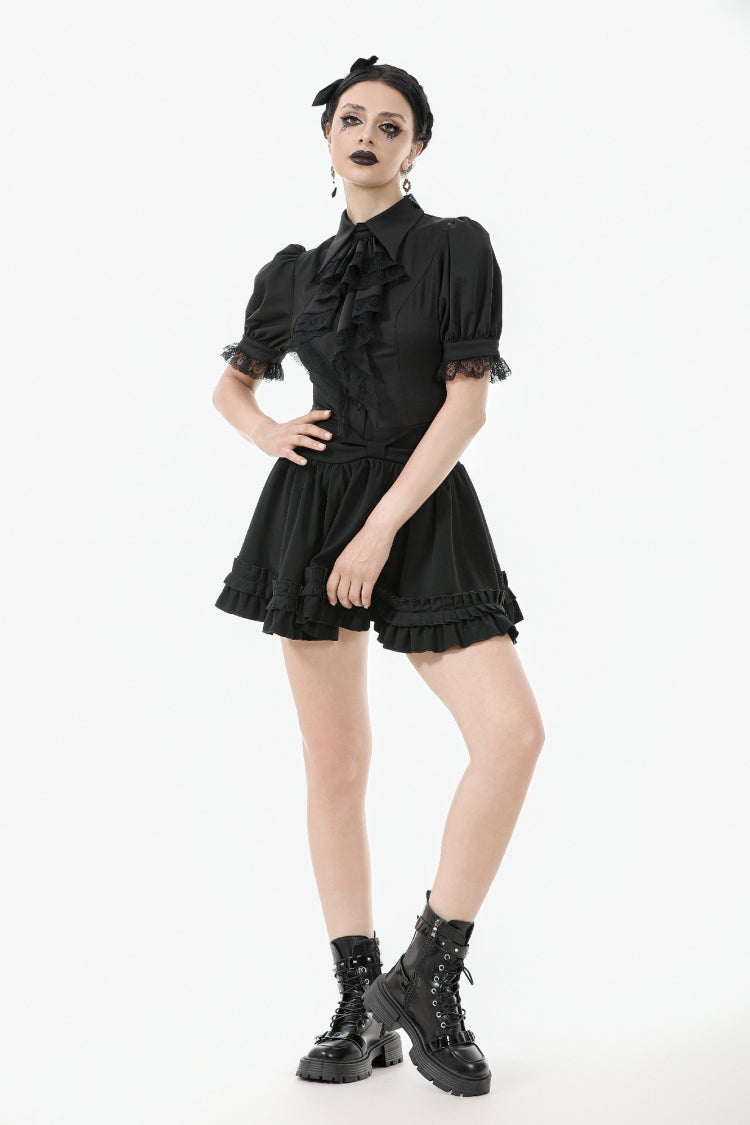 Black Point Lapel Collar Short Puff Sleeves Women's Gothic Blouse with Removable Rosette Cravat