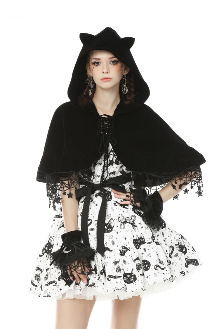 Black Lace-Up Women's Lolita Cat Ears Hooded Cape with Star Tassels