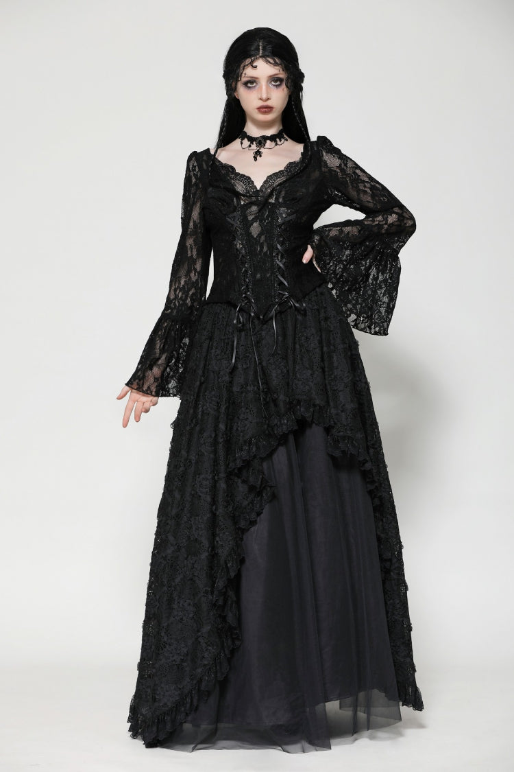Black Deep V Collar Long Trumpet Sleeves Lace Lace-Up Women's Gothic Corset Top
