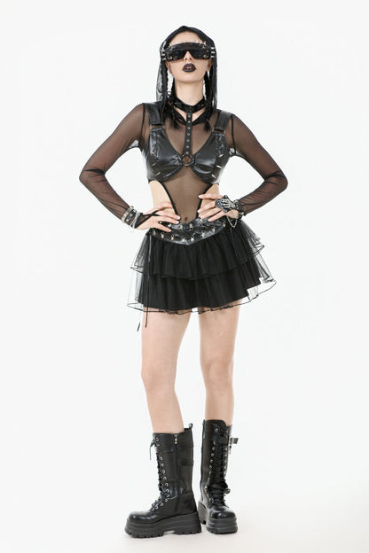 Black Multi-Layered Lace Mesh Women's Punk Short Skirt with D-Ring Ties Waist