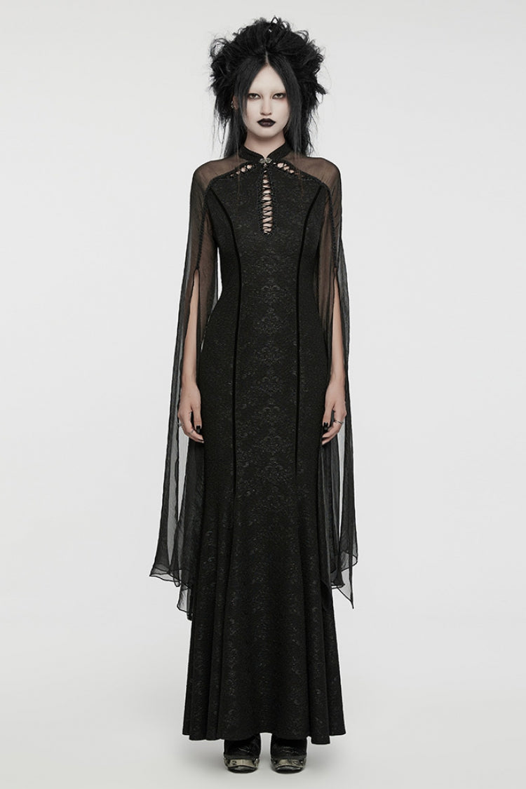 Black Cheongsam Collar Chiffon Stitching Ripped Women's Gothic Dress
