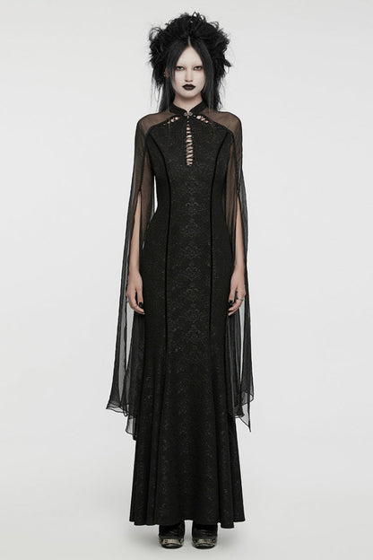 Black Cheongsam Collar Chiffon Stitching Ripped Women's Gothic Dress