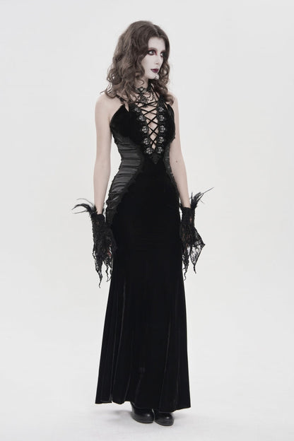 Black Off Shoulder Sleeveless Hanayome Spliced Lace-Up Slim Pleated Women's Gothic Jsk Dress