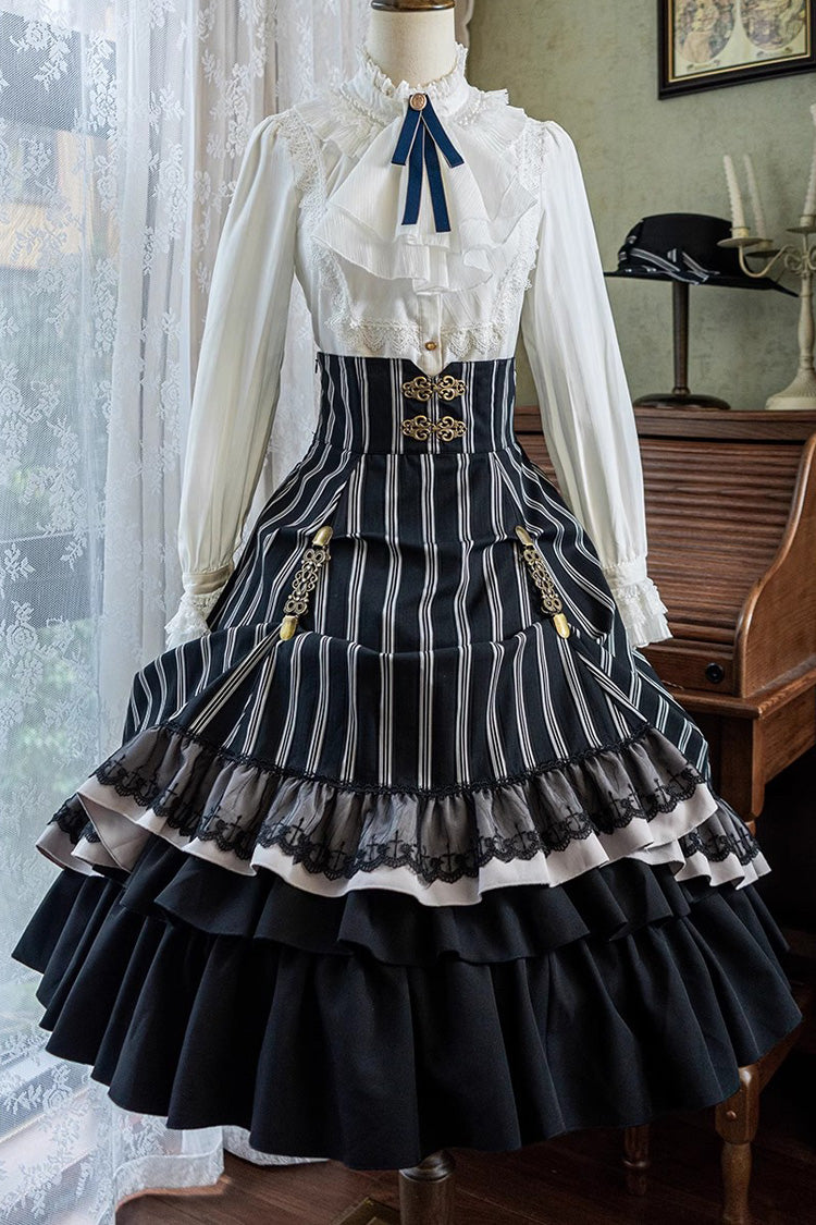Black Point Manor Multi-layer Striped Print Ruffle Gothic Lolita Skirt