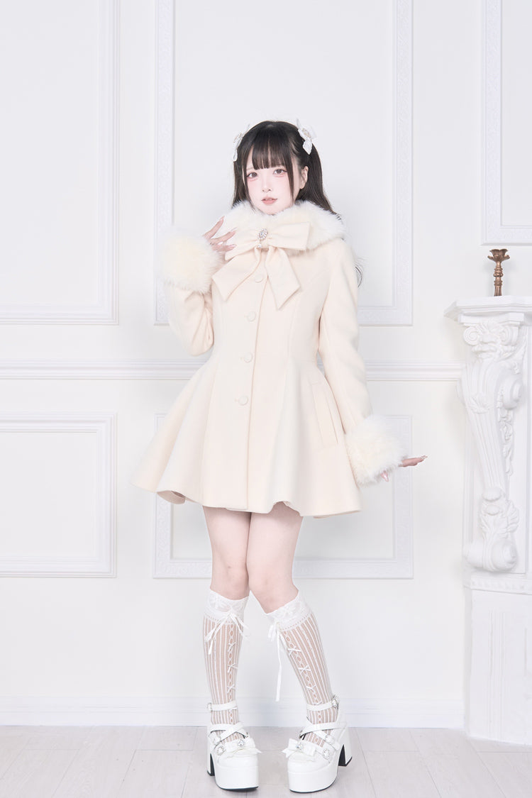 Apricot Plush Collar Long Sleeves Bowknot Japanese Sweet Lolita Coat