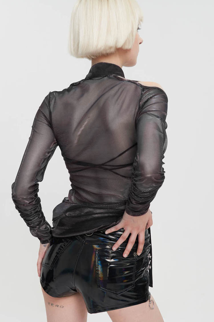 Black Long Sleeve Neck Zipper Asymmetric One Shoulder Strap Mesh Women's Punk T-Shirt