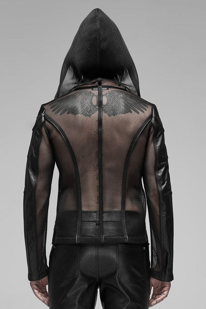 Black Long Sleeves Hooded Mens Translucent Steampunk Coat