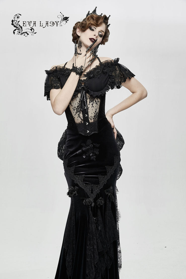 Black Gorgeous Sheer Floral Lace Ruffled Fitted Women's Gothic Corsets With Detachable Hem