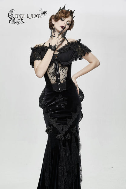 Black Gorgeous Sheer Floral Lace Ruffled Fitted Women's Gothic Corsets With Detachable Hem