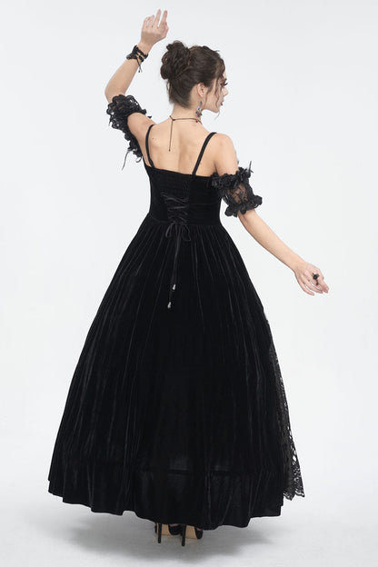Black Off Shoulder High Waisted Print Lace Women's Gothic Dress