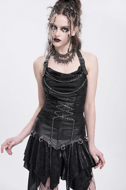 Black Halterneck Ripped Chained Women's Punk Vest