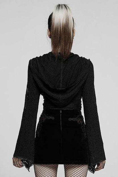 Black Gothic Lace Big Hat Hole Mysterious Horn Long Sleeve Short Women's Coat
