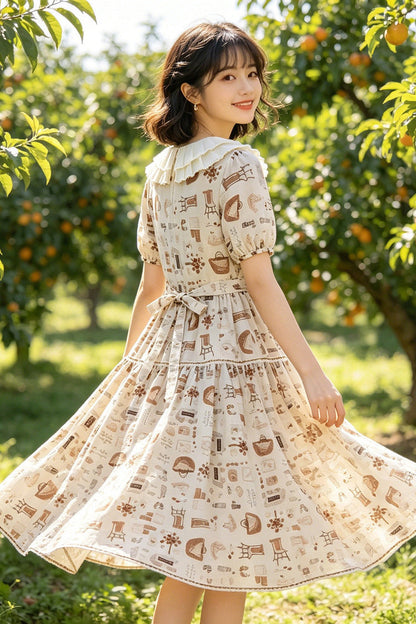 Apricot Short Sleeves Printed Ruffled Bow Sweet Plus Size Lolita Dress