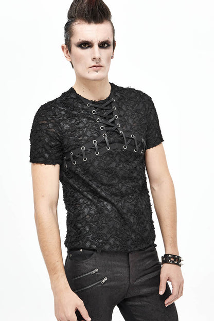 Black Broken Holes Thick Stripes Chest Lace-Up Knit Short Sleeve Men's Punk T-Shirt