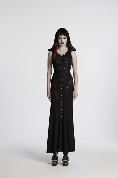Black Off Shoulder Sleeveless Spliced Lace-Up Slim Mesh Studded Eyelet Women's Punk Dress