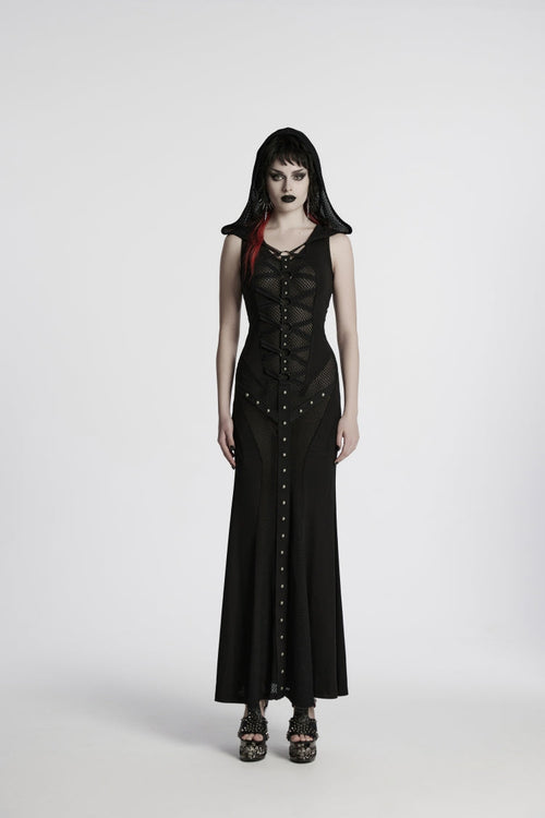 Black Off Shoulder Sleeveless Spliced Lace-Up Slim Mesh Studded Eyelet Women's Punk Dress