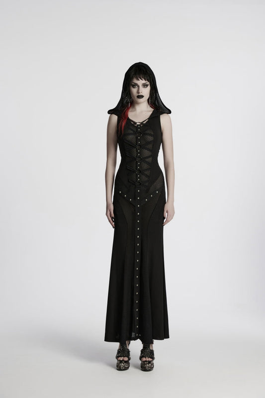 Black Off Shoulder Sleeveless Spliced Lace-Up Slim Mesh Studded Eyelet Women's Punk Dress