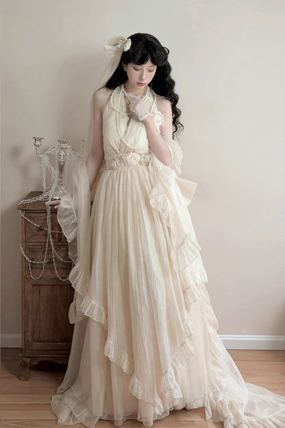Apricot Halterneck Sleeveless Ruffle Bowknot Lace Sweet Princess Lolita Jsk Long Dress Set