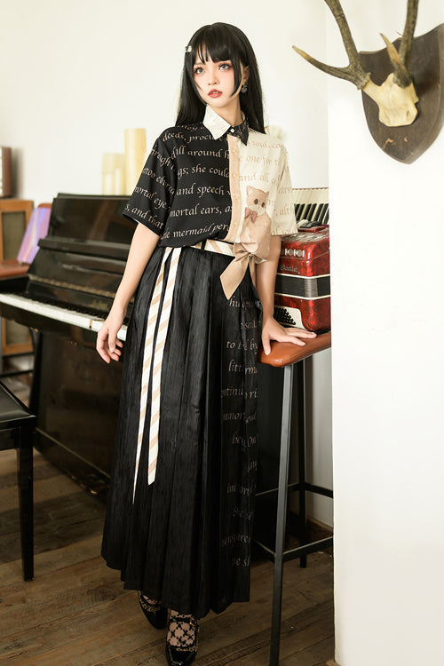 Black High Waisted Orange Cat Print Ouji Lolita Long Skirt