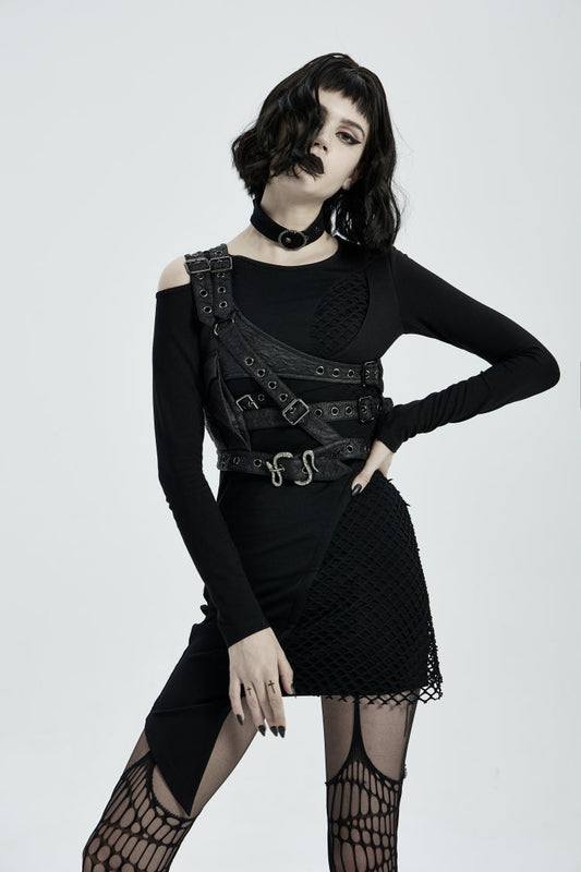 Black Cut-Out Asymmetric Buckled Eyelet Women's Punk Accessory with Pocket