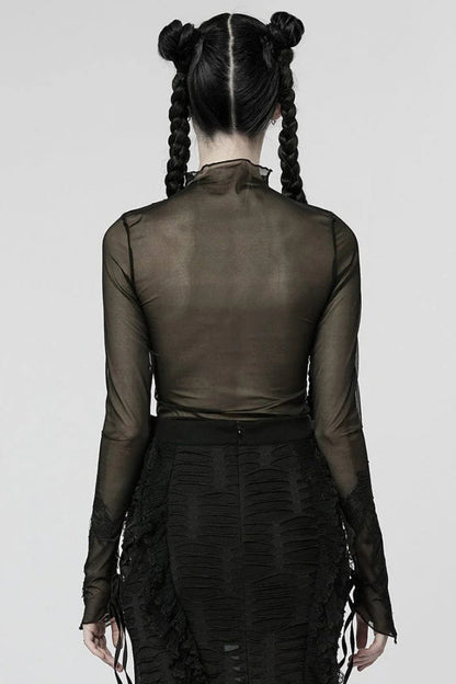 Black Mid High Collar Long Sleeves Slim Mesh Womens Gothic Blouse